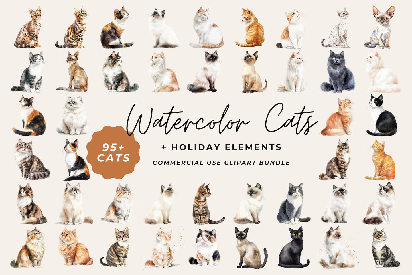 Classic Watercolor Cat Pngs, Watercolor Pet Clipart Bundle, Flirty Cat Sublimation Designs, Digital Download, Holiday Themed Pet Pngs, Art